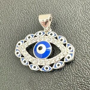 White Gold Evil Eye Pendant with Blue Enamel and clear Crystals